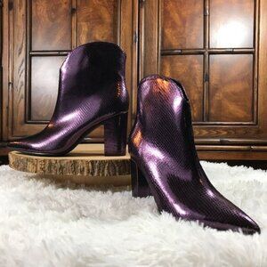 Nine West Dark Purple Reptile Texture Pointed Toe Faux Leather Block Heel Bootie
